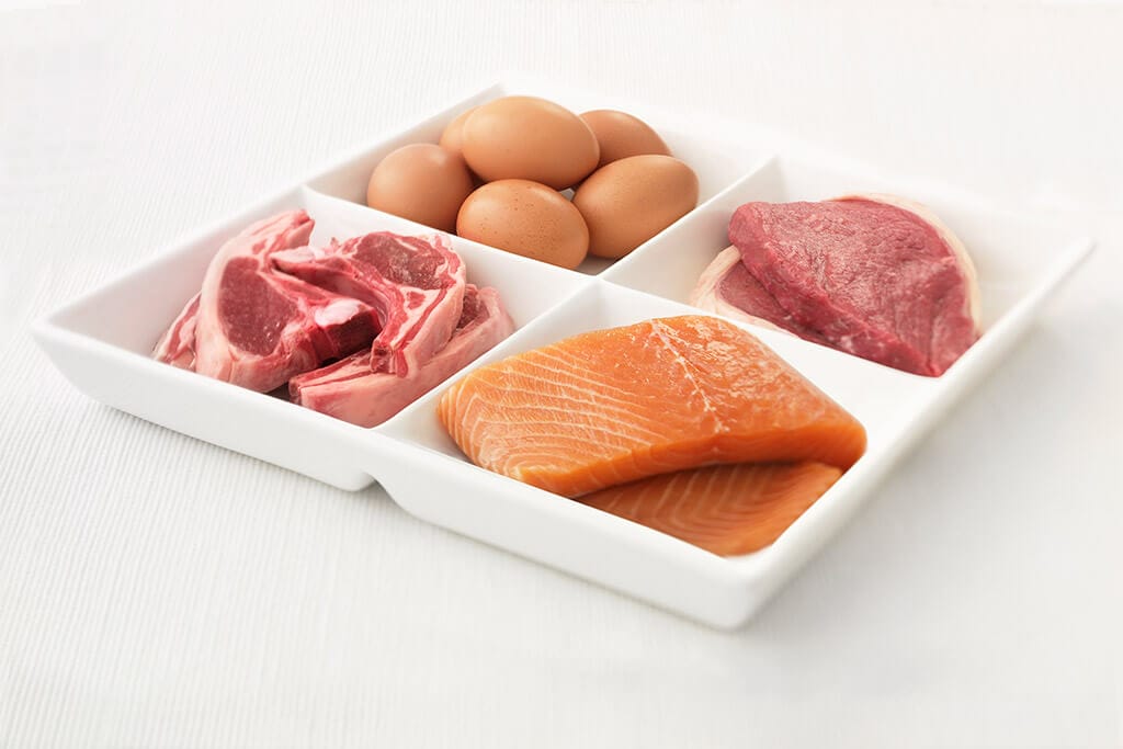 Ein Teller viergeteilt, mit Eiern, Steak, Lachs, und Lammfleisch drauf.