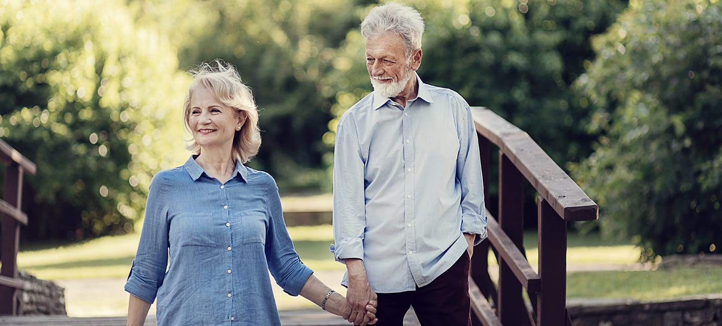 Lovely Senior Couple in the Park Walking on a Wooden Bridge