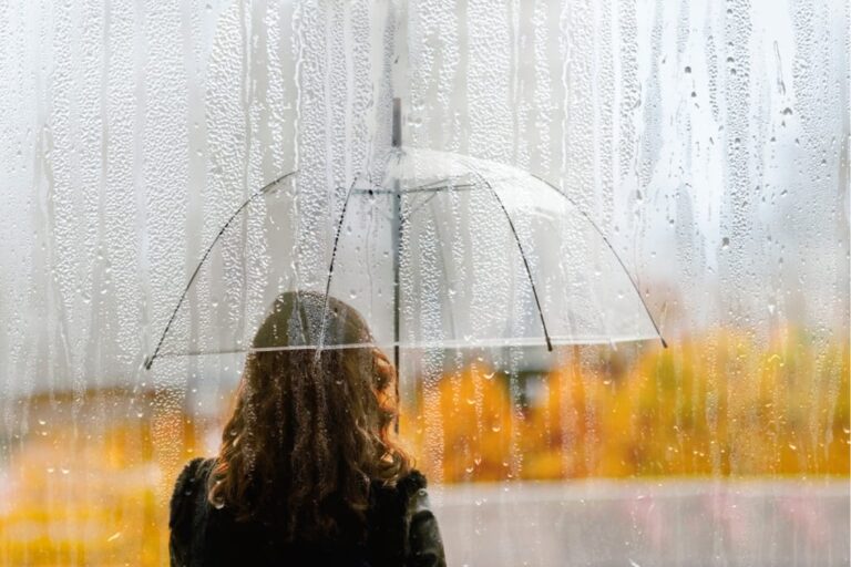 Frau mit langen braunen Haaren, von hinten abgebildet, steht unter Regenschirm