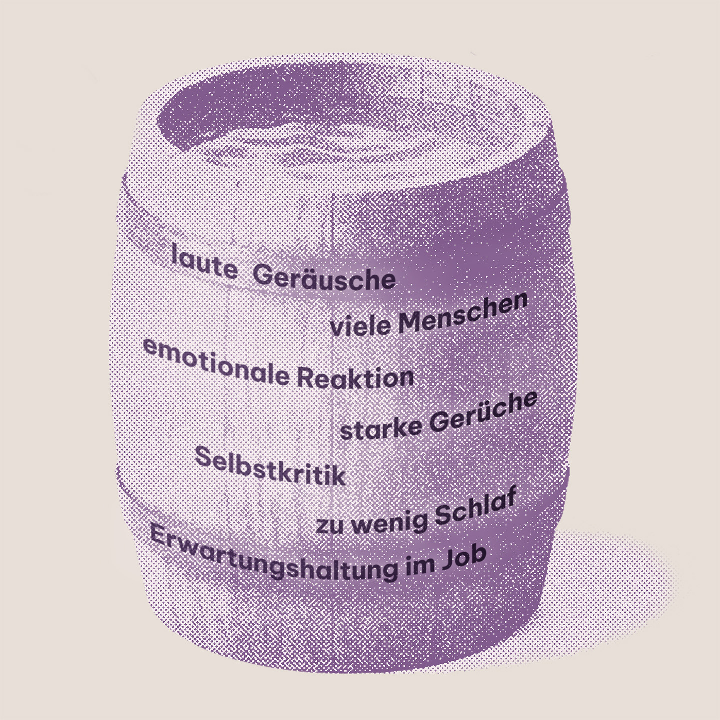 Grafik: Fass mit Begriffen, die Migräne auslösen können