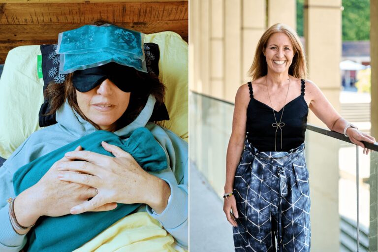 Migränepatientin Tanja im Split-Screen: links liegend mit Schlafmaske und Kühlkompresse, rechts lächelnd im Alltag.